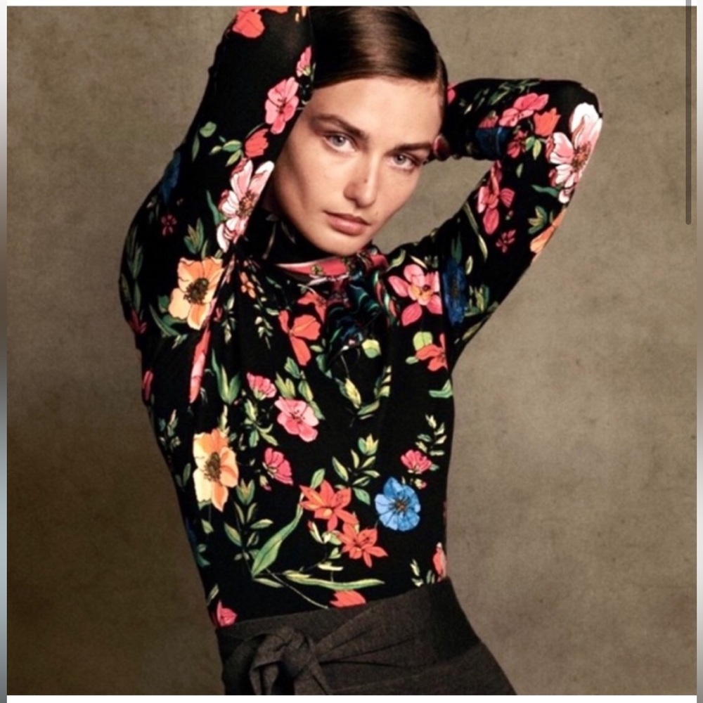 Anthropologie Maeve Floral Black Mockneck Top